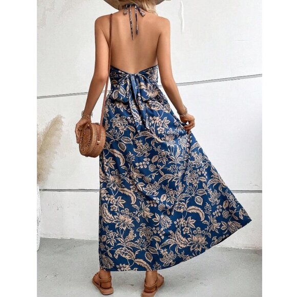 Twisted cutout backless floral print boho gypsy maxi dress navy blue - Picture 2 of 2